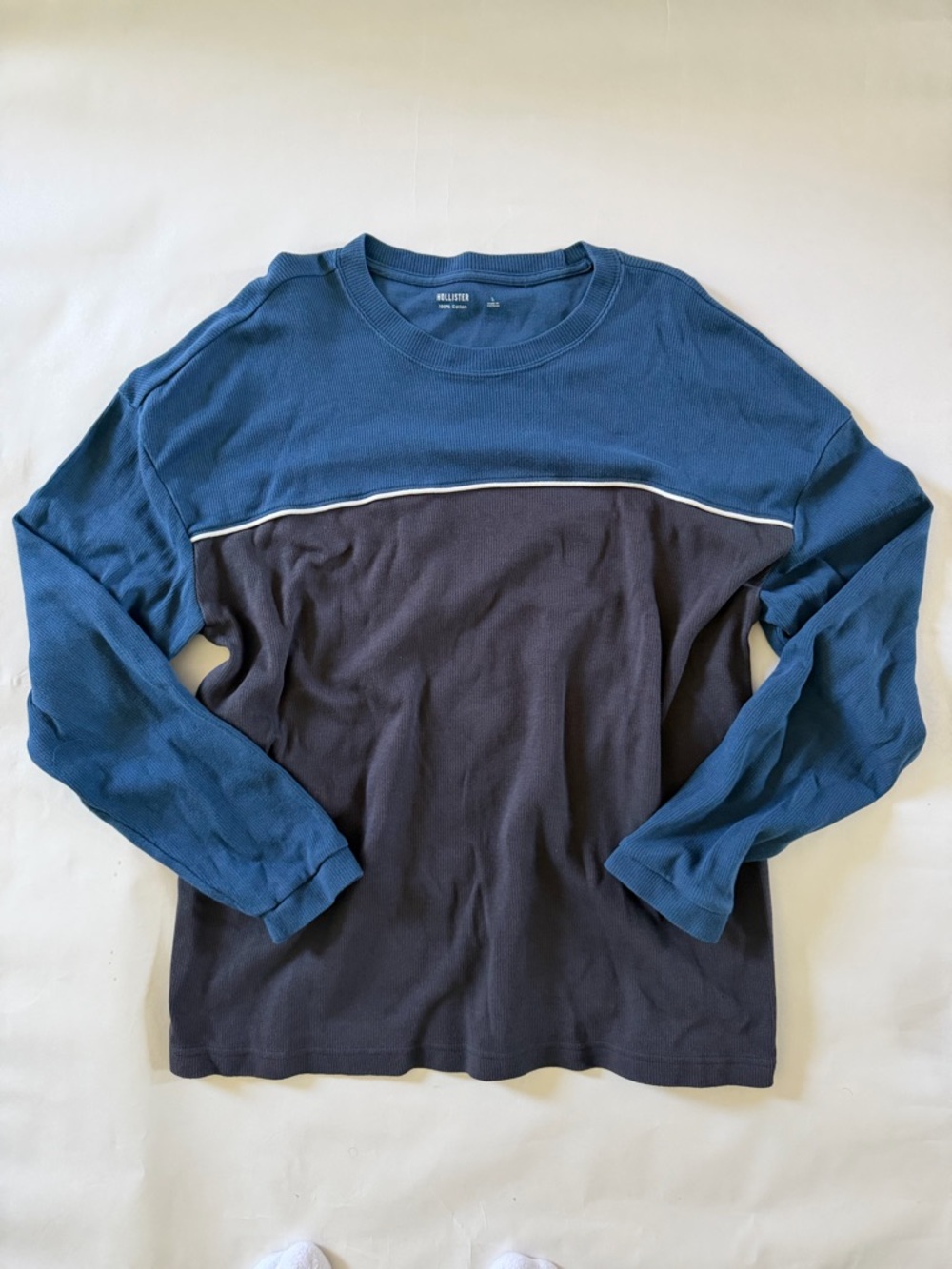 Hollister Blue and Charcoal Long Sleeve Colorblock Crewneck